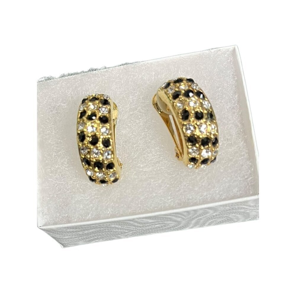 Roman Gold Tone Black Crystal Rhinestone Earrings Half Hoop Huggie Clip On Glam
